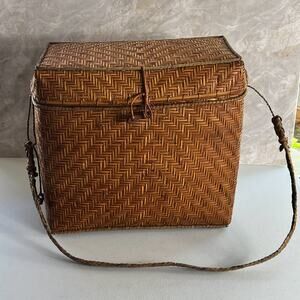 Vintage Chinese Rattan Woven Basket Backpack Brown Handmade Wicker